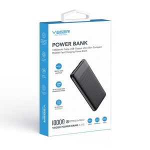 Veger (A11S) Fast Charging Powerbank Triple Port - 10.000mAh - Noir