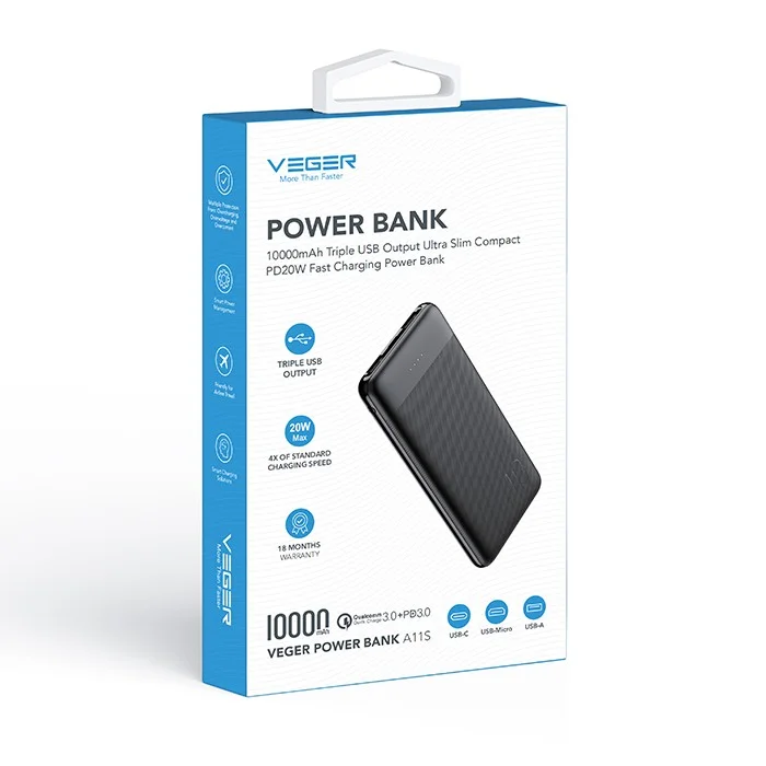Veger (A11S) Fast Charging Powerbank Triple Port - 10.000mAh - Noir