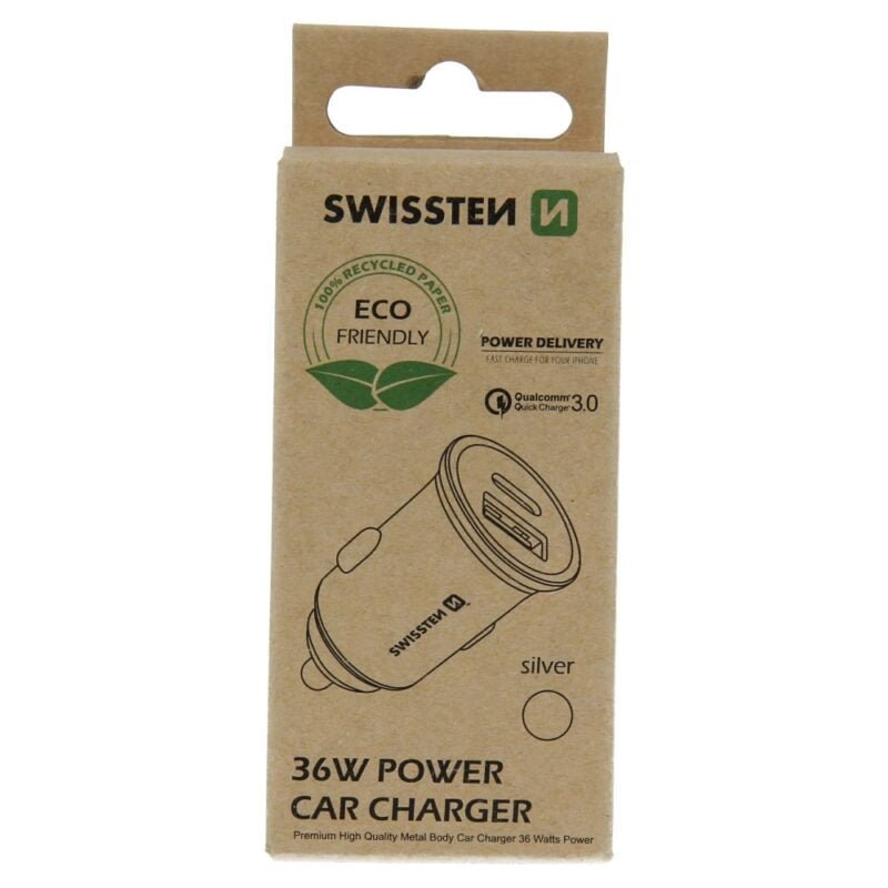 Swissten 2.4A Power Delivery (36W) Car Charger - 20111740ECO - Avec USB-A & USB-C Port - Eco Packing - Argent