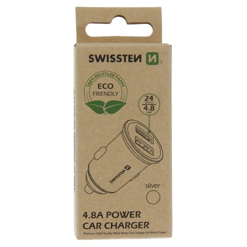 Swissten 4.8A Dual Port Car Charger - 20115100ECO - Eco Packing - Argent