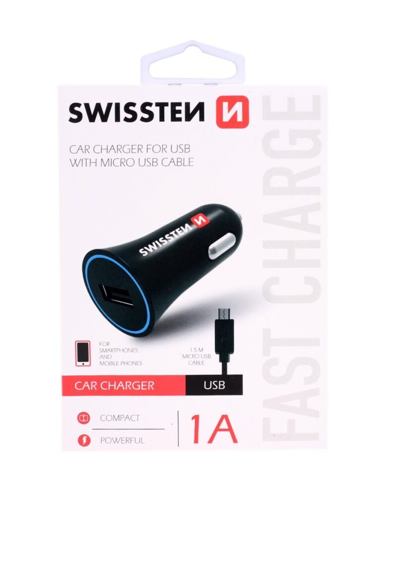 Swissten 1A Car Charger - 20110800 + Micro USB Cable - Noir