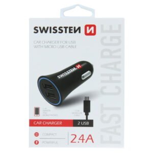 Swissten 2.4A Dual Port Car Charger - 20110900 + Micro USB Cable - Noir