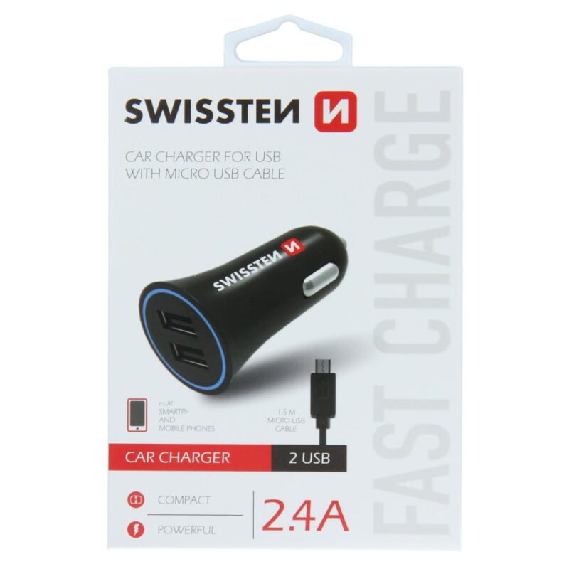 Swissten 2.4A Dual Port Car Charger - 20110900 + Micro USB Cable - Noir