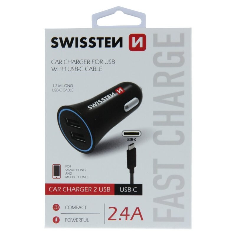 Swissten 2.4A Dual Port Car Charger - 20110908 + Type-C USB Cable - Noir