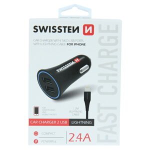 Swissten 2.4A Dual Port Car Charger - 20110910 + Lightning USB Cable - Noir