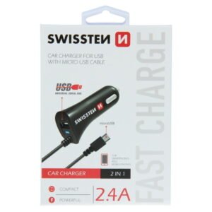 Swissten 2.4A Car Charger - 20111000 + Micro USB Cable - Noir