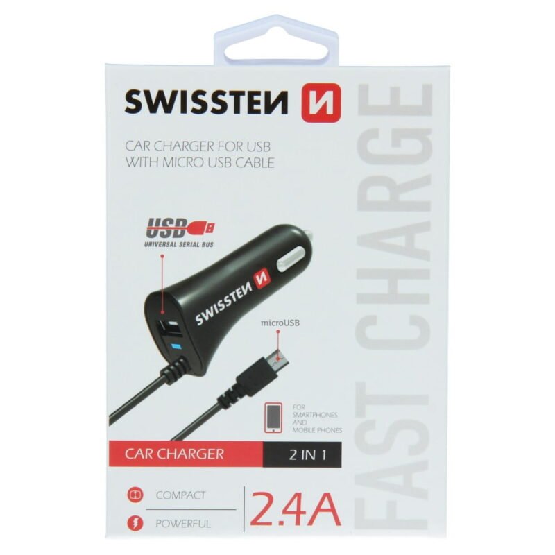 Swissten 2.4A Car Charger - 20111000 + Micro USB Cable - Noir