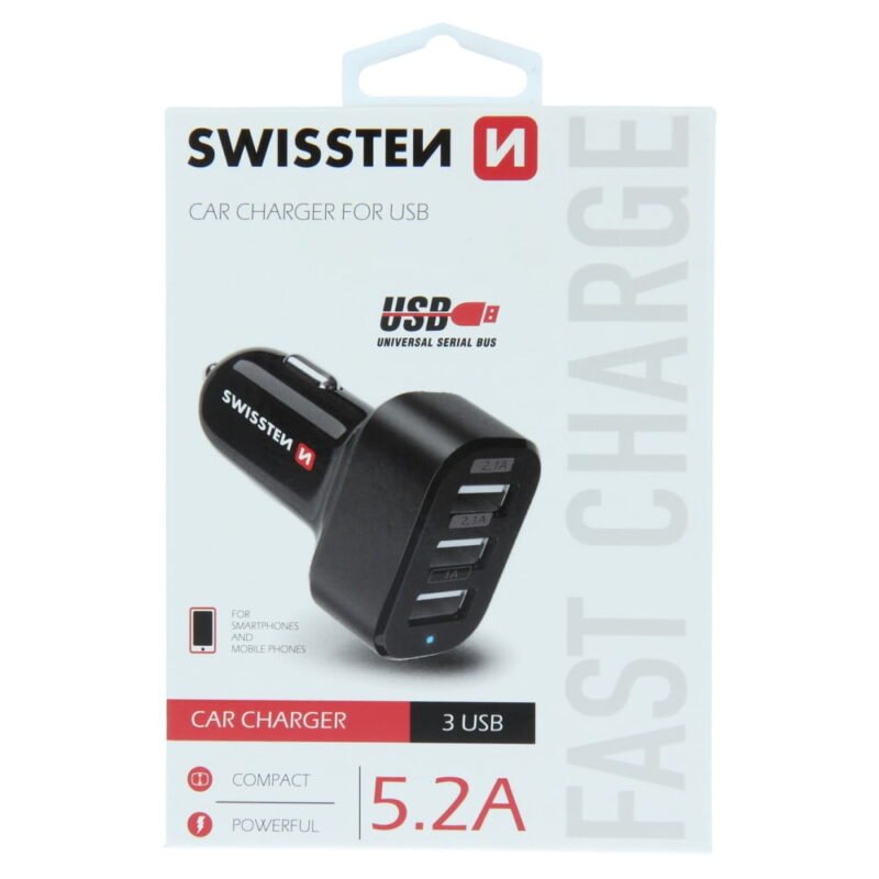 Swissten 5.2A Triple Port Car Charger - 20111200 - Noir