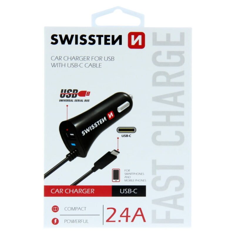 Swissten 2.4A USB-A & USB-C Car Charger - 20111500 + Type-C USB Cable - Noir