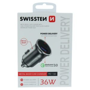 Swissten 2.4A Power Delivery (36W) Car Charger - 20111740 - Avec USB-A & USB-C Port - Argent