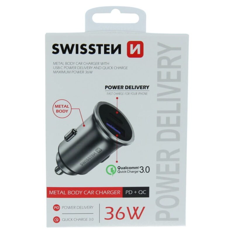 Swissten 2.4A Power Delivery (36W) Car Charger - 20111740 - Avec USB-A & USB-C Port - Argent