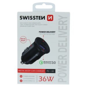 Swissten 2.4A Power Delivery (36W) Car Charger - 20111760 - Avec USB-A & USB-C Port - Noir