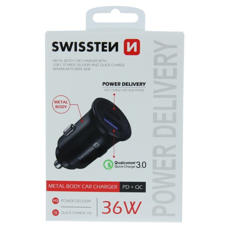 Swissten 2.4A Power Delivery (36W) Car Charger - 20111760 - Avec USB-A & USB-C Port - Noir