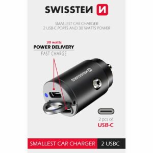Swissten Dual USB-C Power Delivery (30W) Car Charger - 20111800 - Noir