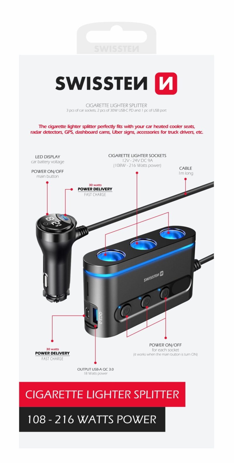 Swissten Triple Cigarette Lighter Splitter - 20114010 - Noir