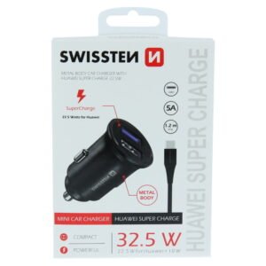 Swissten 5A SuperCharge Car Charger (32.5W) - 20116100 + Type-C USB Cable - Noir