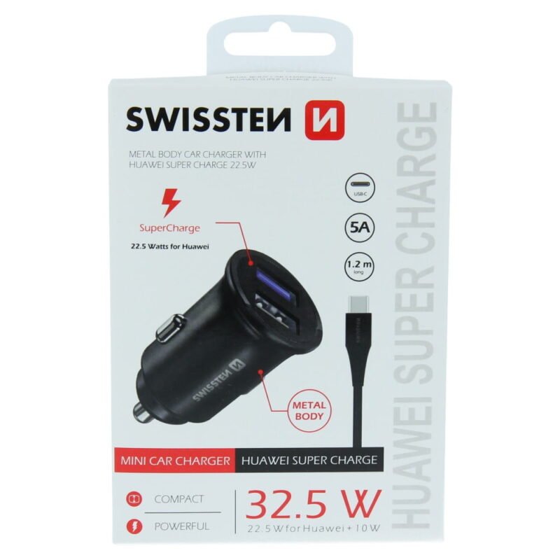 Swissten 5A SuperCharge Car Charger (32.5W) - 20116100 + Type-C USB Cable - Noir