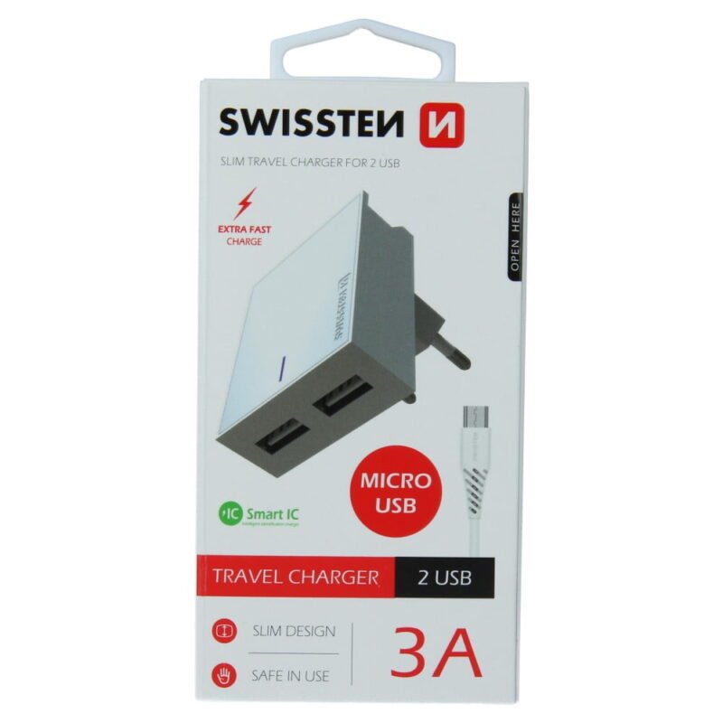 Swissten 3A Dual Travel Charger - 22041000 + Micro USB Cable - Blanc