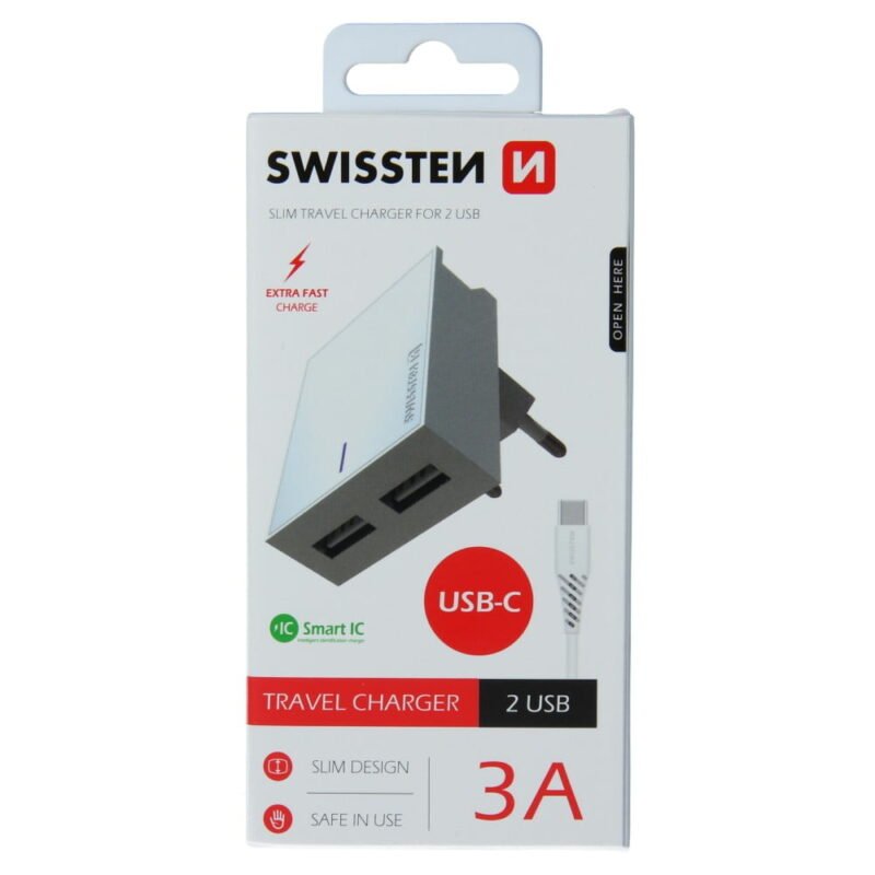 Swissten 3A Dual Travel Charger - 22043000 + Type-C USB Cable - Blanc