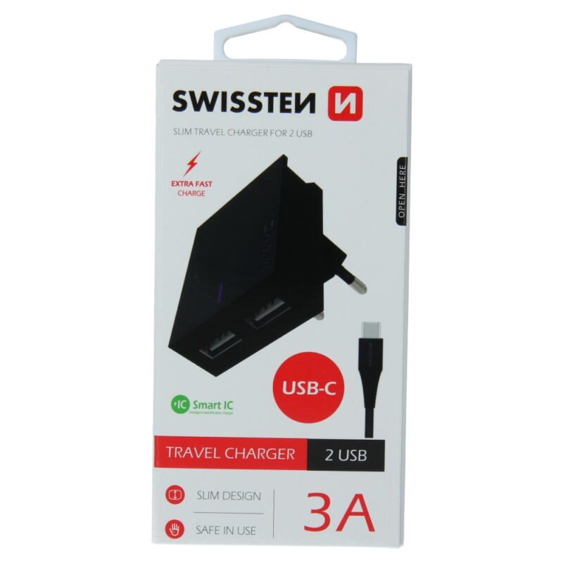 Swissten 3A Dual Travel Charger - 22044000 + Type-C USB Cable - Noir