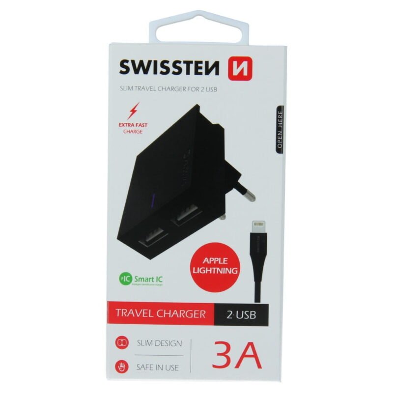 Swissten 3A Dual Travel Charger - 22048000 + Lightning USB Cable - Noir