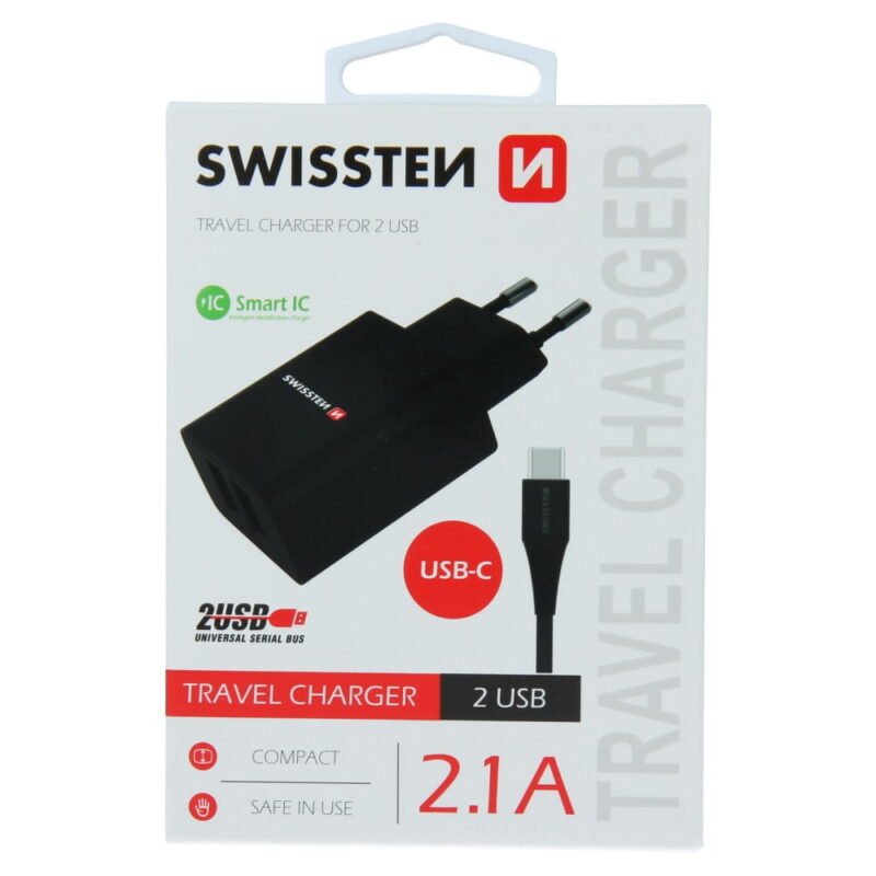 Swissten 2.1A Dual Port Travel Charger (10.5W) - 22054000 + Type-C USB Cable - Noir 2 Swissten 2.1A Dual Port Travel Charger (10.5W) - 22054000 + Type-C USB Cable - Noir