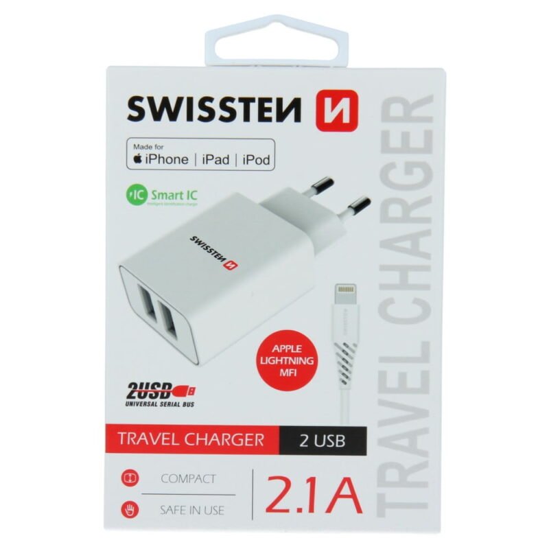 Swissten 2.1A Dual Port Travel Charger (10.5W) - 22055000 + MFI Lightning USB Cable - Blanc 2 Swissten 2.1A Dual Port Travel Charger (10.5W) - 22055000 + MFI Lightning USB Cable - Blanc