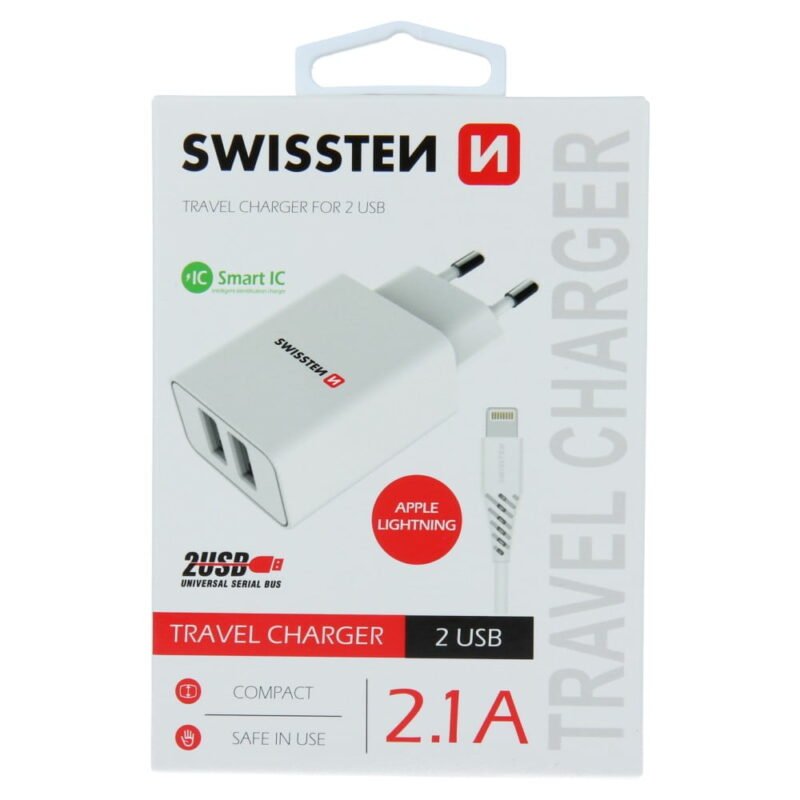 Swissten 2.1A Dual Port Travel Charger (10.5W) - 22057000 + Lightning USB Cable - Blanc 2 Swissten 2.1A Dual Port Travel Charger (10.5W) - 22057000 + Lightning USB Cable - Blanc