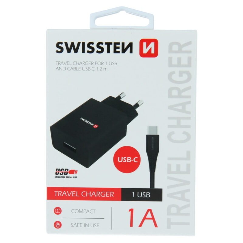 Swissten 1A Travel Charger - 22064000 + Type-C USB Cable - Noir 2 Swissten 1A Travel Charger - 22064000 + Type-C USB Cable - Noir