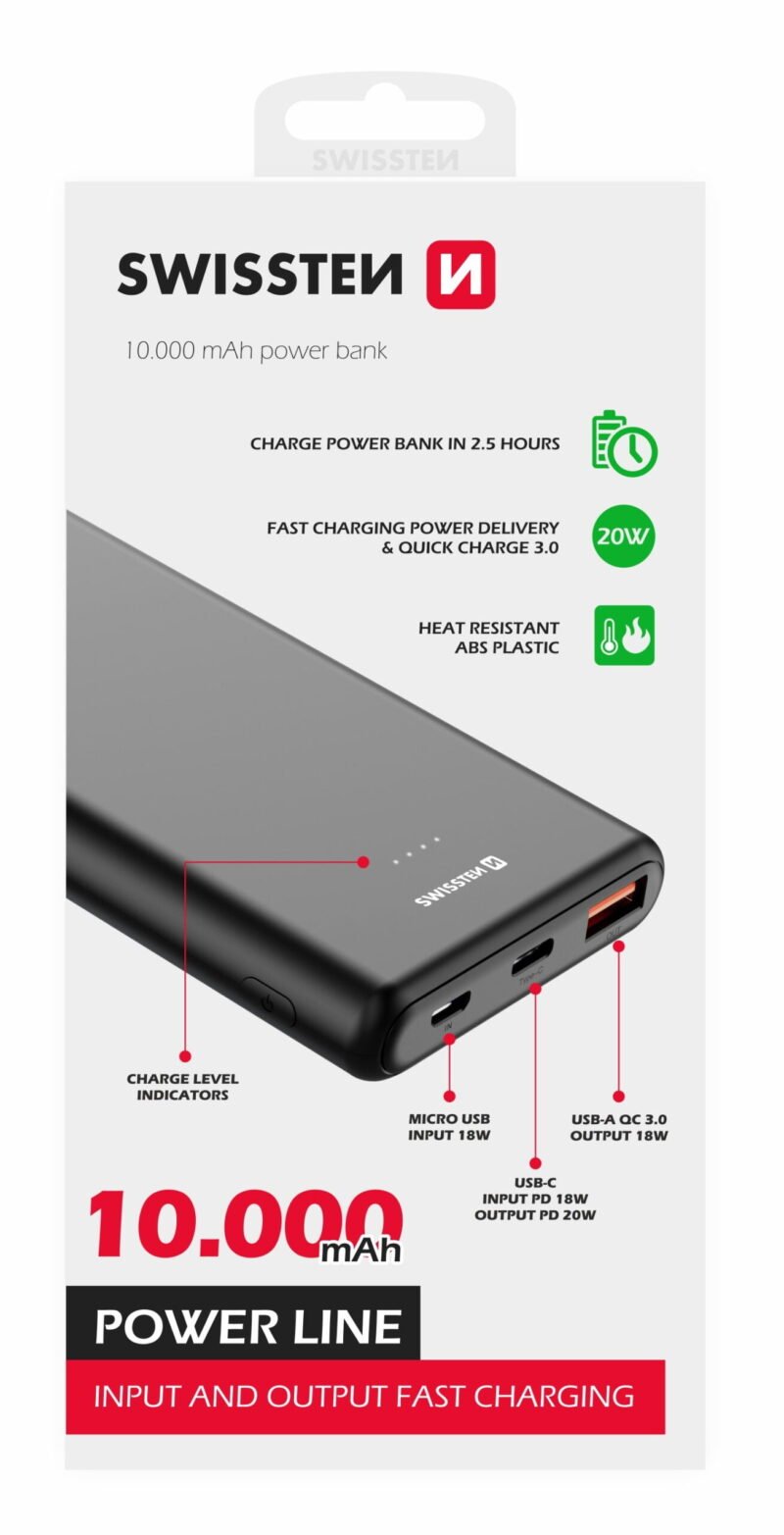 Swissten PowerLine Powerbank (20W) - 22013912 - 10.000 mAh - Noir