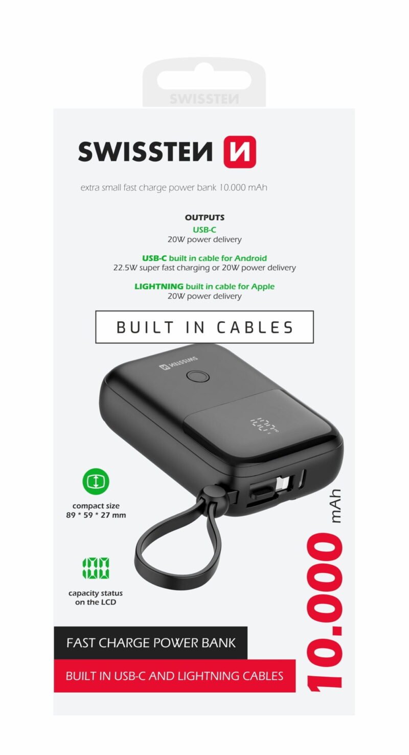 Swissten 10.000 mAh Powerbank (22.5W) - 22013931 - Avec Build-in Type-C And Lightning Cable - Noir