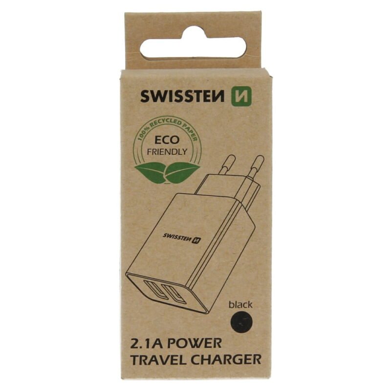 Swissten 2.1A Dual Travel Charger - 22033000ECO - Eco Packing - Noir