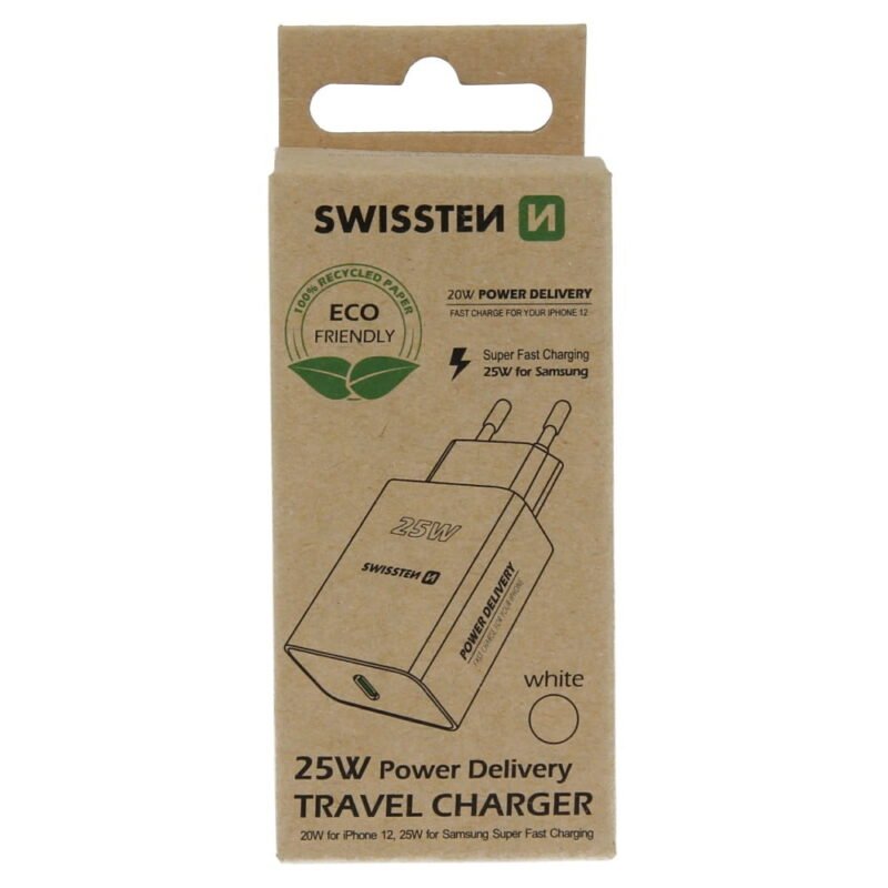 Swissten USB-C Travel Charger (25W) - 22060300ECO - Eco Packing - Blanc