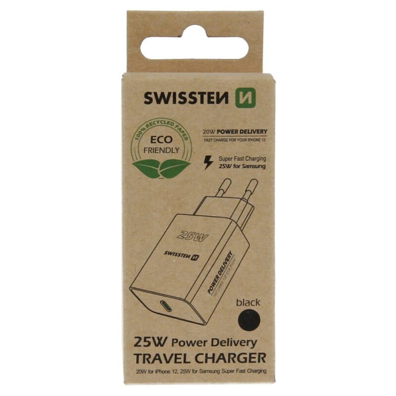 Swissten USB-C Travel Charger (25W) - 22060400ECO - Eco Packing - Noir