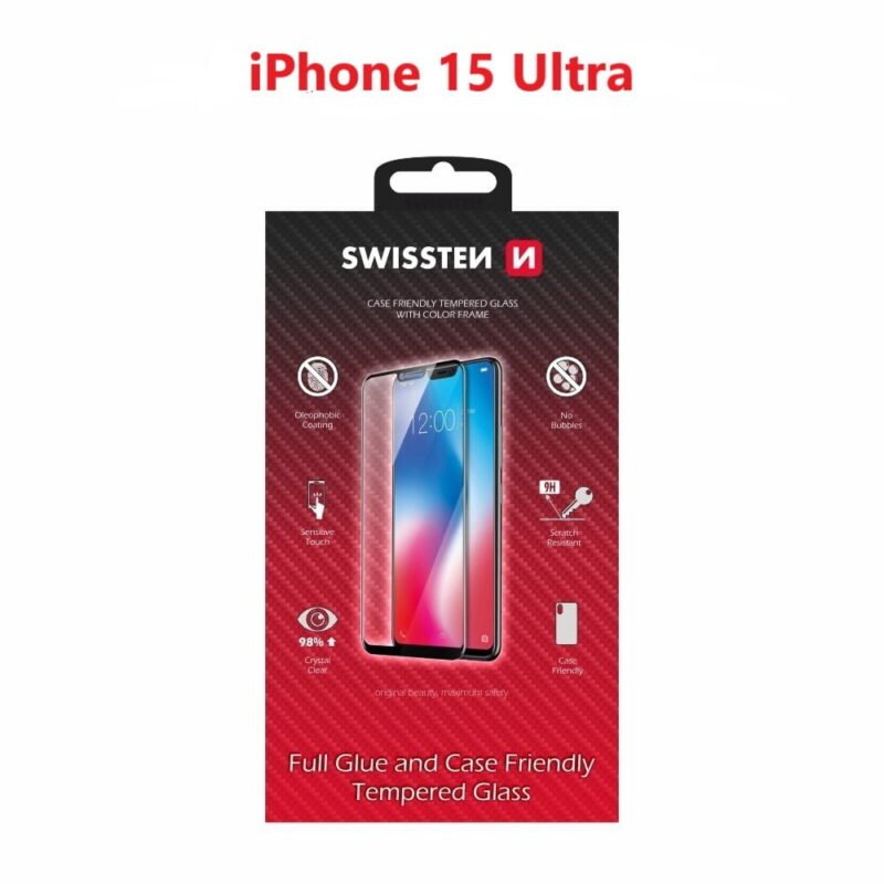 Swissten iPhone 15 Pro Max Film Verre Trempé - 54501842 - Full Glue - Noir
