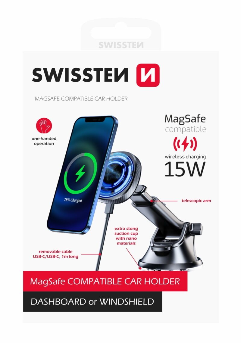Swissten Wireless Charging Magnetic Car Holder (15W) - 65010610 - MagSafe Compatible - Noir