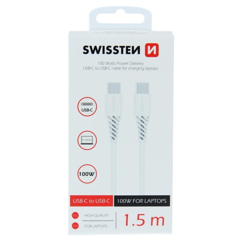 Swissten 5A Power Delivery Type-C To Type-C USB Cable (100W) - 71506520 - 1.5m - Blanc
