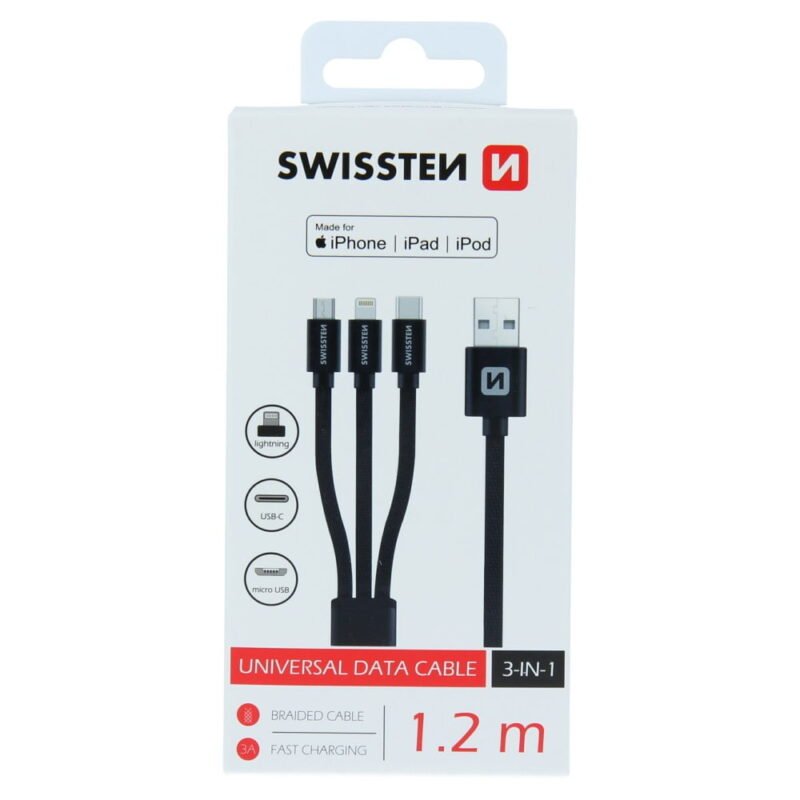 Swissten Textile 3-in-1 MFI Data Cable - 72501101 - 1.2m - Noir