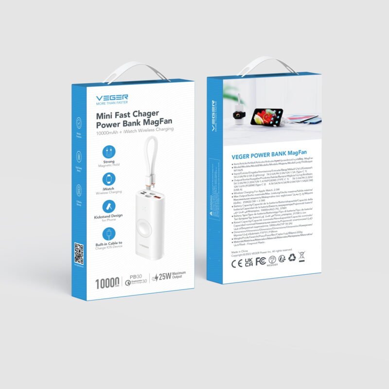 Veger MagPan Fast Charging PowerBank - 10.000 mAh PD25W - Wireless Charging For Apple Watch Support - Avec Lightning Cable Built-In - Blanc
