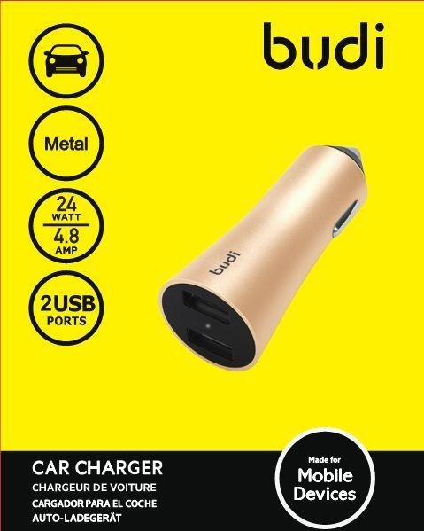 Budi All Metal 2 USB Chargeur Voiture avec LED Indicator - Gold 2 Budi All Metal 2 USB Chargeur Voiture avec LED Indicator - Gold