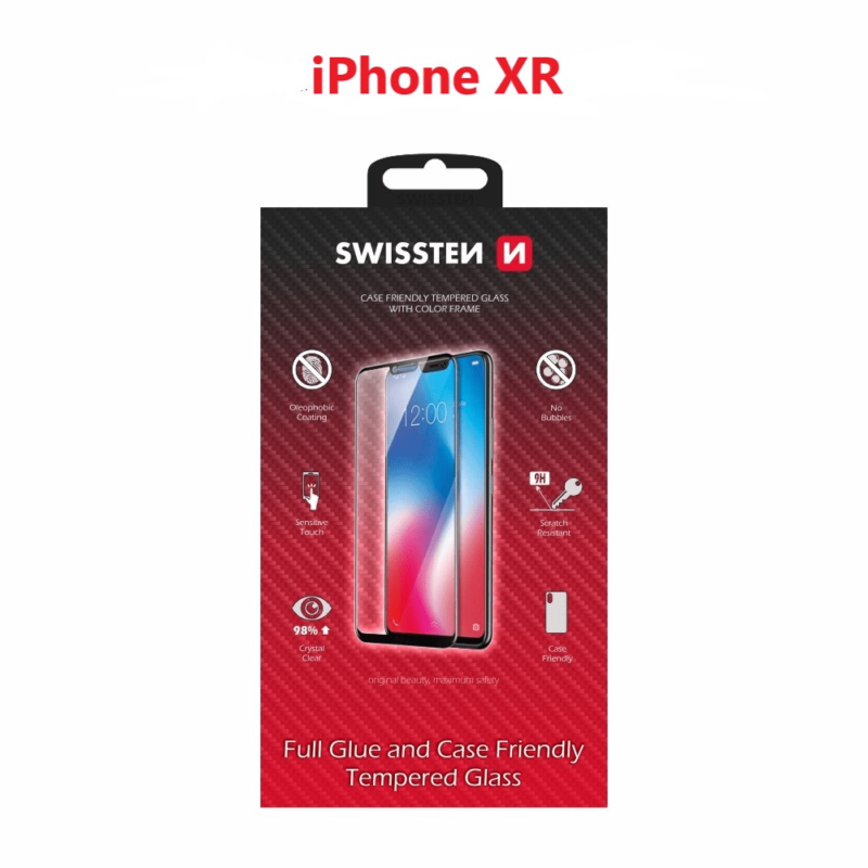 Swissten iPhone XR Film Verre Trempé - 54501707 - Full Glue - Noir