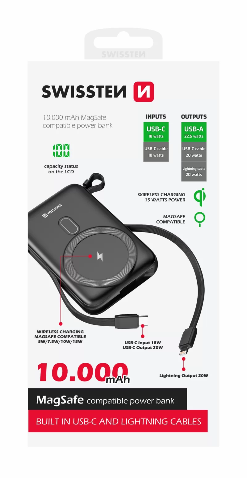 Swissten 20W MagSafe Powerbank With Built-in USB-C & Lightning Cables - 10.000 mAh - 22013933