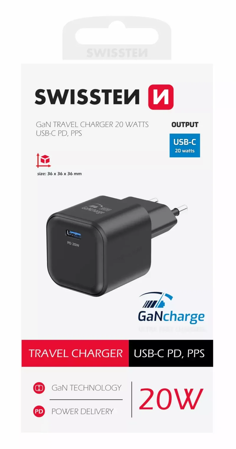 Chargeur de voyage Swissten 20W UBS-C - 22070110 - Noir