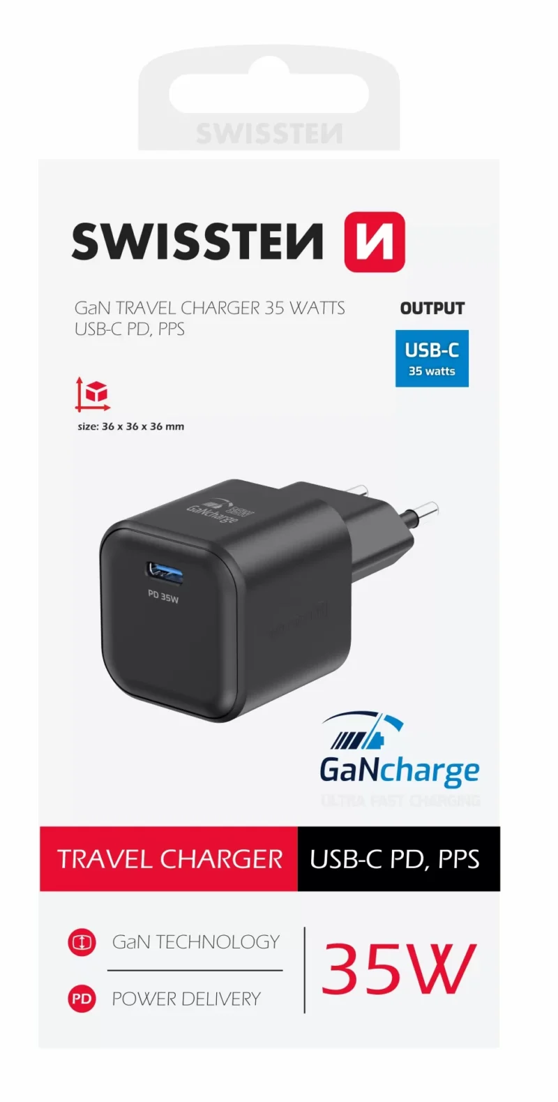 Chargeur de voyage Swissten 35W UBS-C - 22070210 - Noir