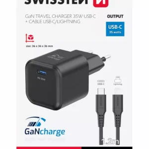 Chargeur de voyage Swissten 35W UBS-C avec câble Lightning vers USB-C - 1,2 m - 22070250 - Noir