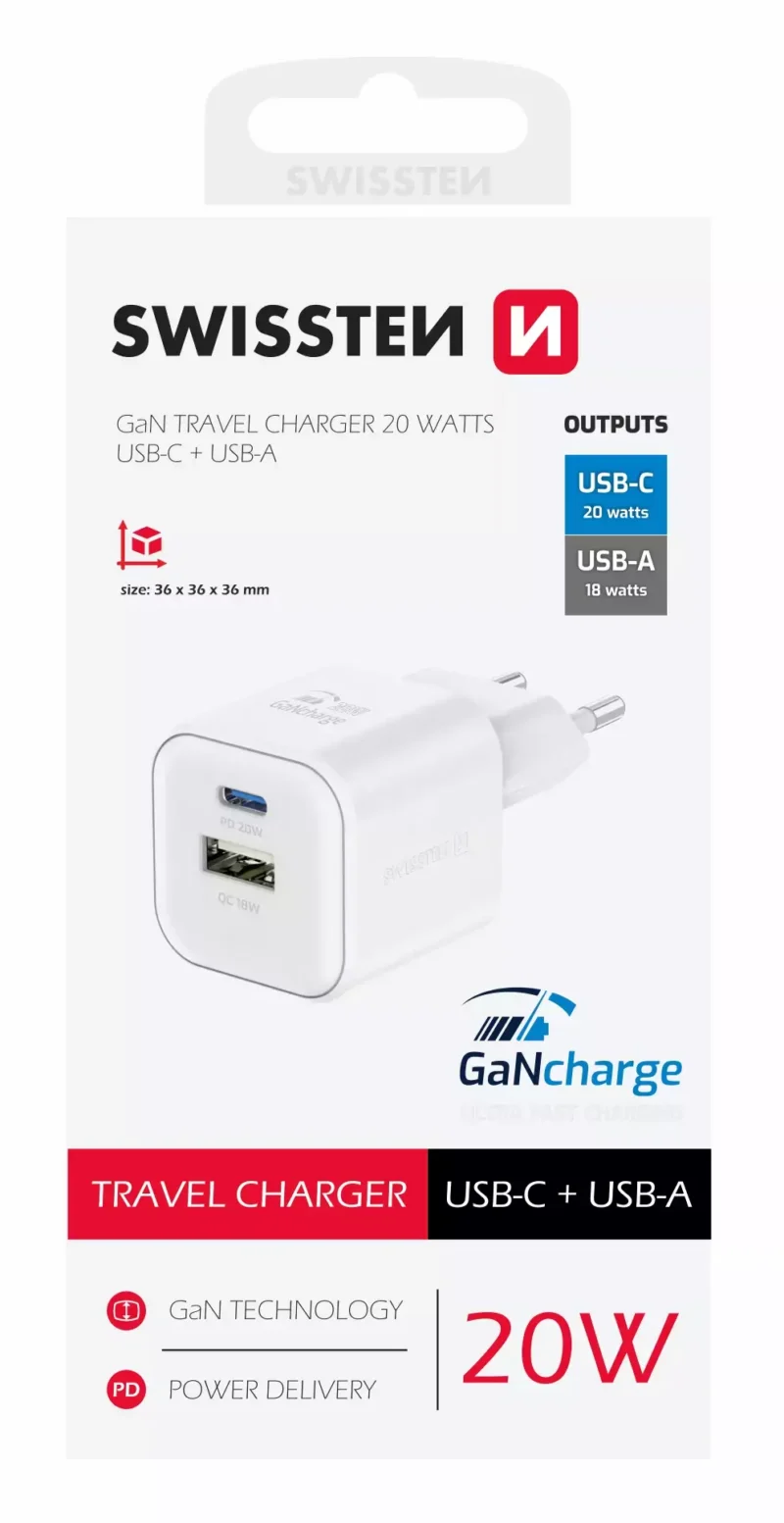 Chargeur de voyage USB-A USB-C Swissten 20 W - 22071100 - Blanc