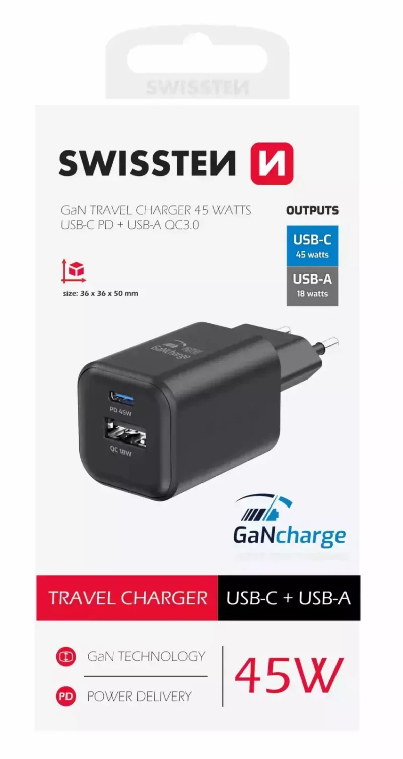 Chargeur de voyage Swissten 45W UBS-C USB-A - 22071310 - Noir