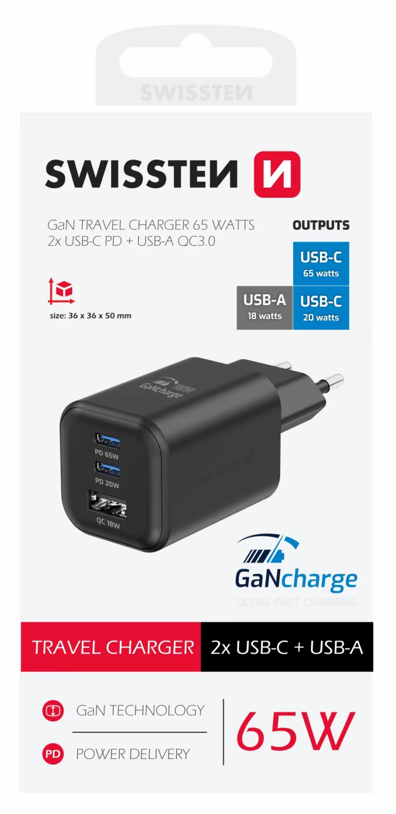 Chargeur de voyage Swissten 65W 2x UBS-C USB-A - 22071410 - Noir
