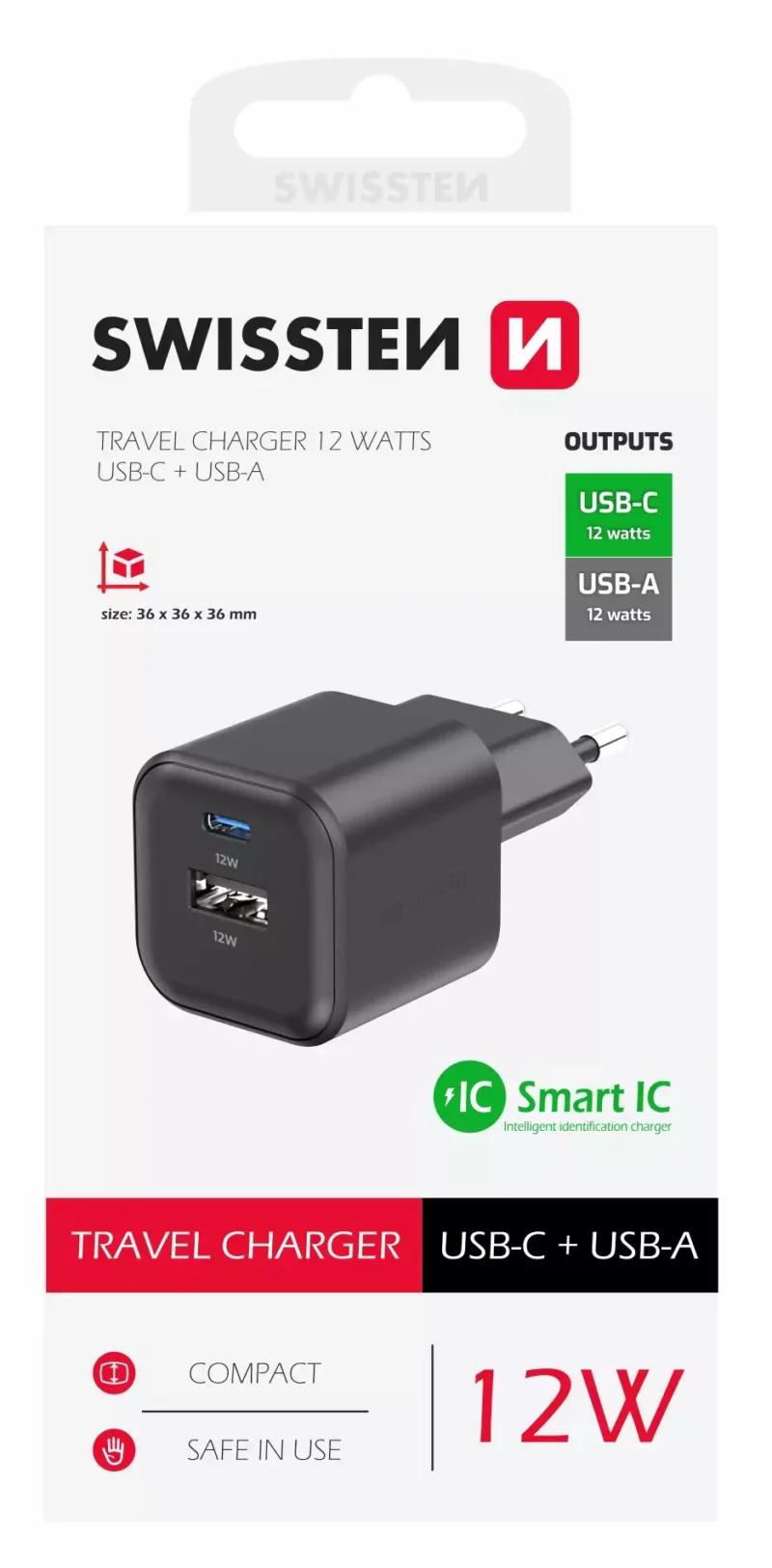 Chargeur de voyage Swissten 12W USB-A USB-C - 22071510 - Noir