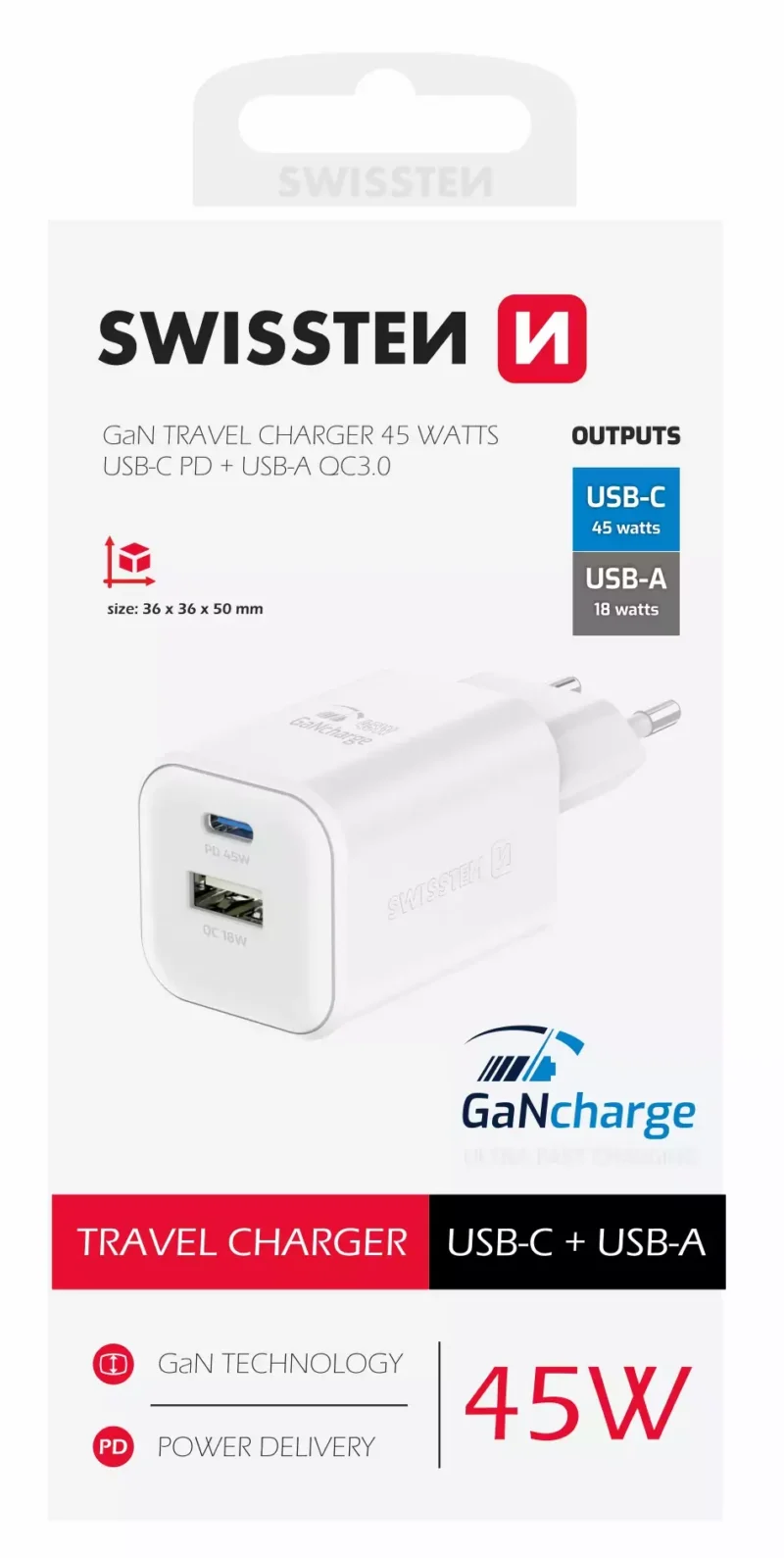 Chargeur de voyage Swissten 65 W 2x UBS-C USB-A - 22071400 - Blanc